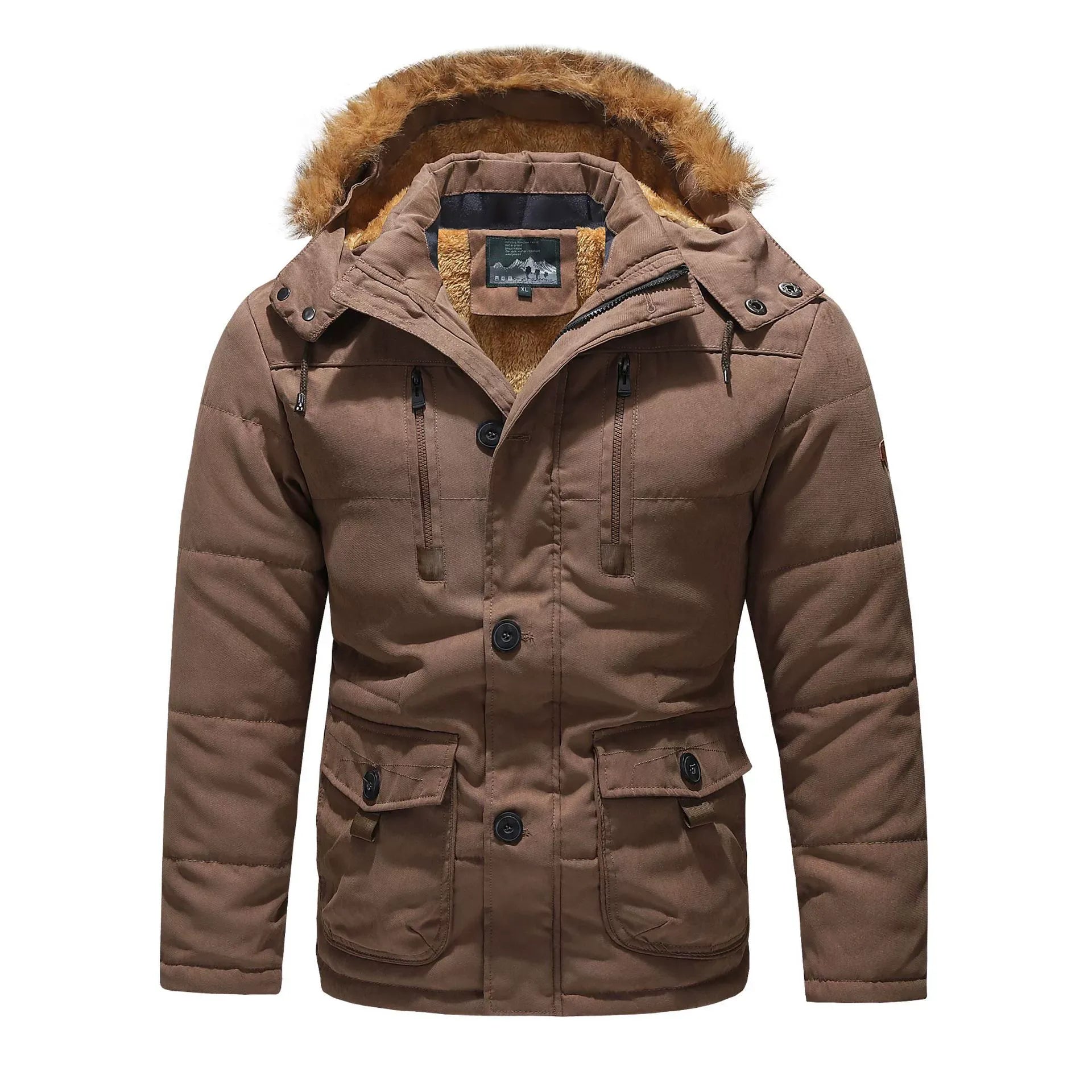 Men's mid-length parka jacket regular fit plush lining detachable faux fur hood winter coat