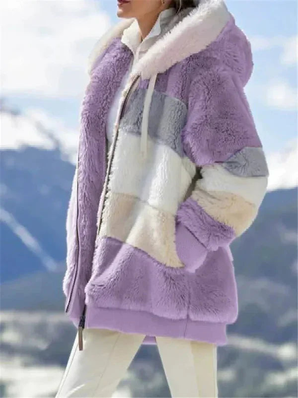 Women's oversized hooded jacket with plush faux fur lining, zip front, city chic winter style