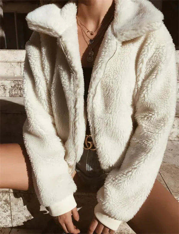 Women's cropped fleece jacket zip-front turn-down collar relaxed fit cozy everyday layer