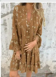 Boho women's flared dress with lace bell sleeves, tiered hem, and cotton blend fabric