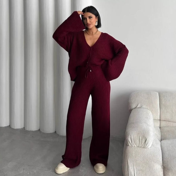 Women's oversized wool blend ribbed knit cardigan two-piece set with high collar button-front