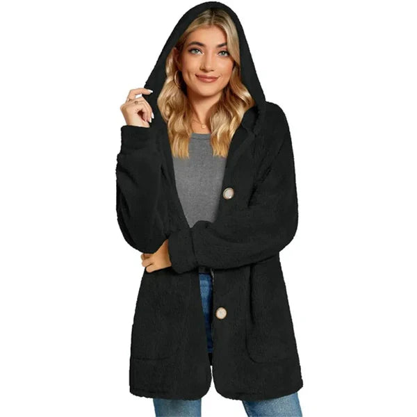 Women's oversized hooded cardigan plush soft cozy fit with pockets, relaxed casual style