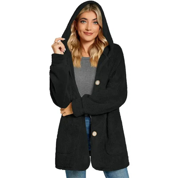 Women's oversized hooded cardigan plush furry knit with pockets cozy layering essential