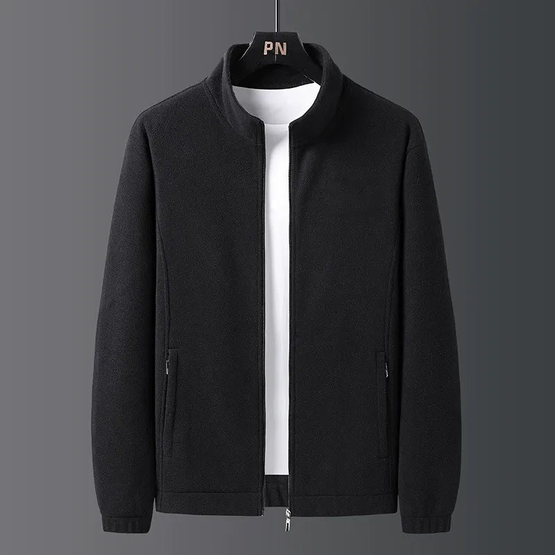 Men's regular fit fleece jacket stand collar full zip casual outdoor layer in neutral tone