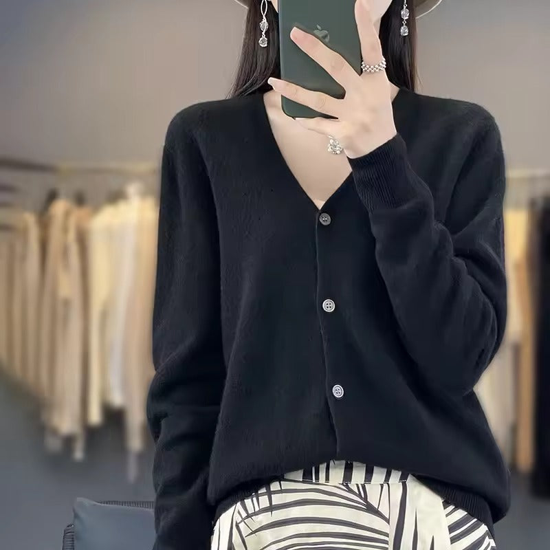 Women's wool blend relaxed fit V-neck sweater with button front closure, long sleeve, breathable everyday warmth