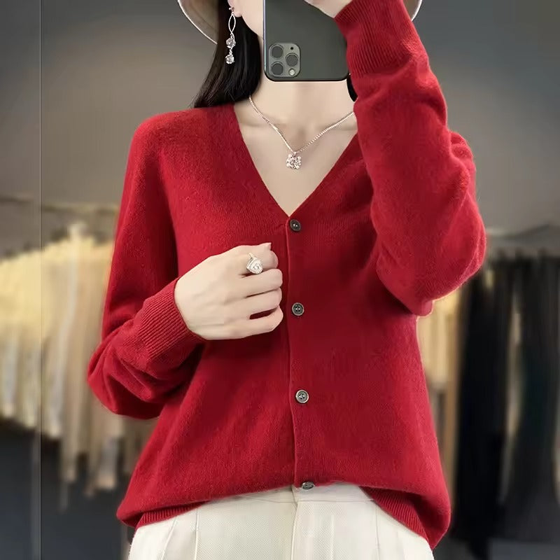 Women's wool blend relaxed fit V-neck sweater with button front closure, long sleeve everyday warmth