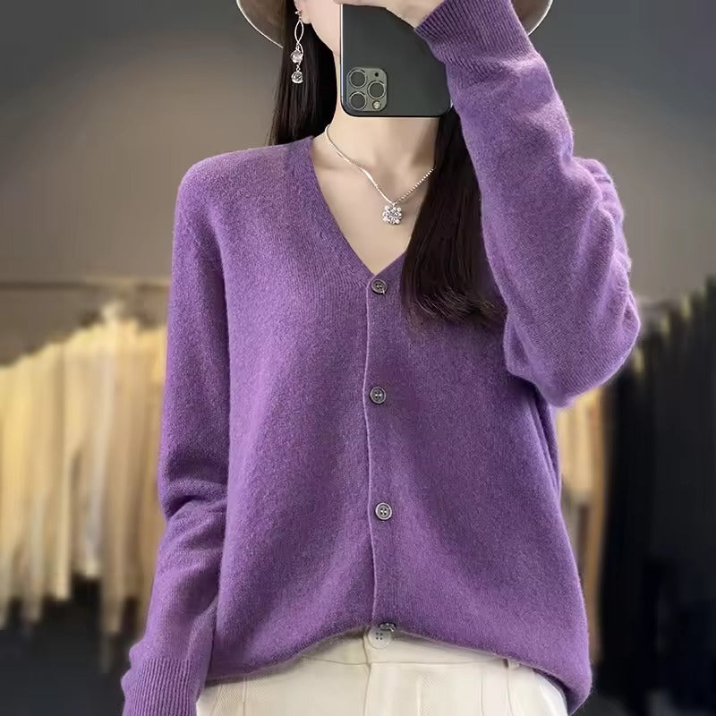 Women's wool blend relaxed fit V-neck sweater with button front closure, breathable everyday warmth