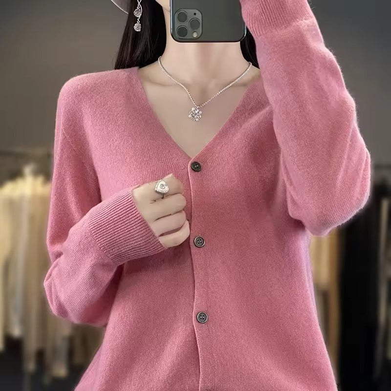 Women's wool blend relaxed fit V-neck sweater with button front closure, long sleeves, breathable everyday warmth