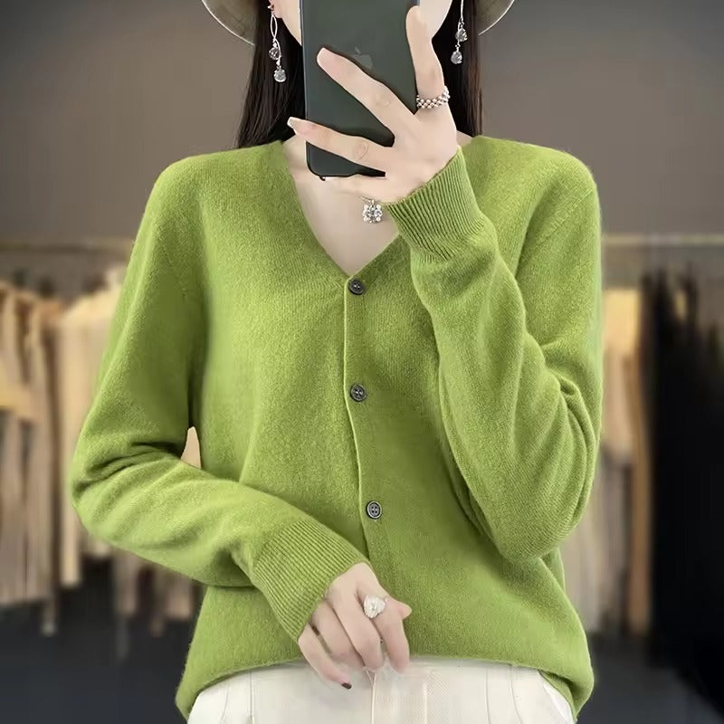 Women's wool blend relaxed fit V-neck sweater with button front closure, breathable long sleeve everyday style