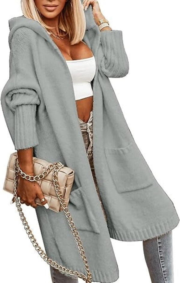 Women's ivory oversized open-front hooded knit cardigan with ribbed hem mid-length cozy layering