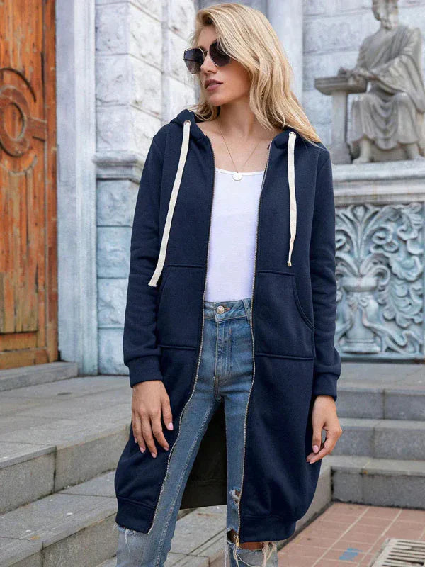 Women's oversized zip-front hoodie in soft cotton, long-length silhouette with hooded design