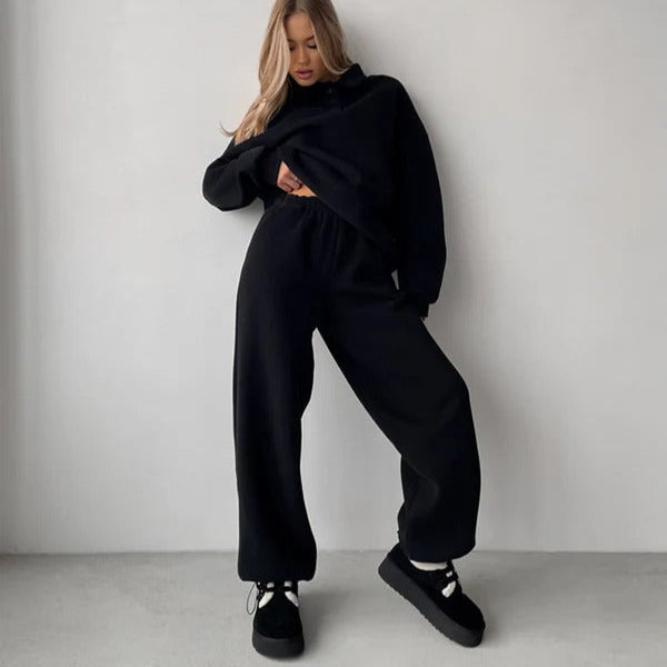 Women's two-piece fleece sweatshirt set collared relaxed fit cozy lounge wear neutral tones