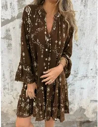 Women's boho flared dress with lace bell sleeves, tiered hem, and A-line silhouette in cotton blend