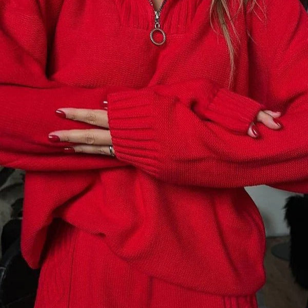 Women's oversized quarter-zip knit loungewear two-piece set, soft breathable cozy fit
