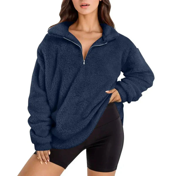 Women's oversized fleece pullover cozy half-zip stand collar layering essential for fall