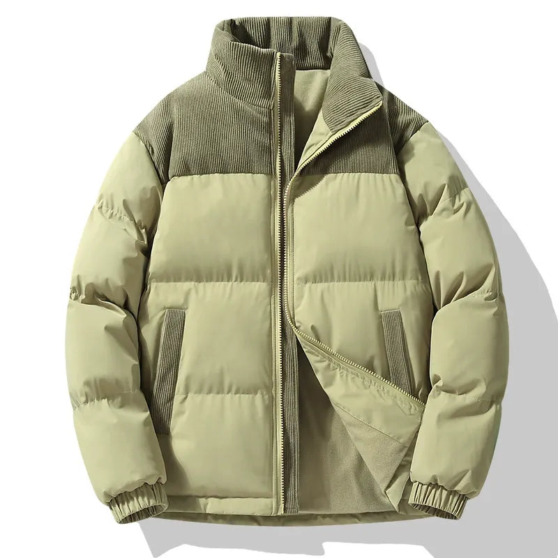 Men's oversized quilted puffer jacket with corduroy collar and full-length zipper in urban style
