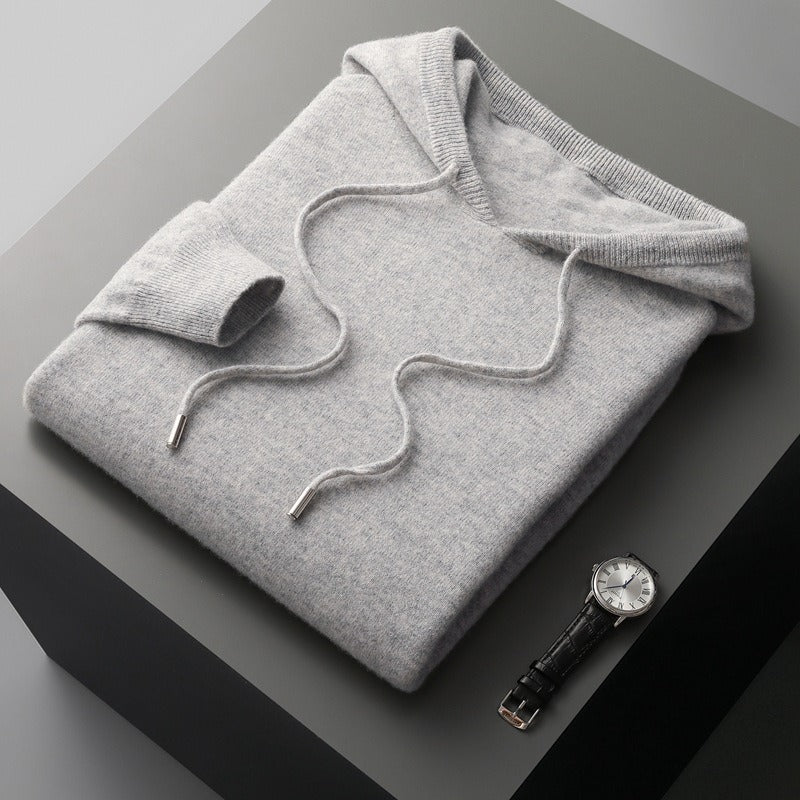 Men's wool blend knit hoodie relaxed fit with drawstring hood, soft-touch cozy Nordisk style