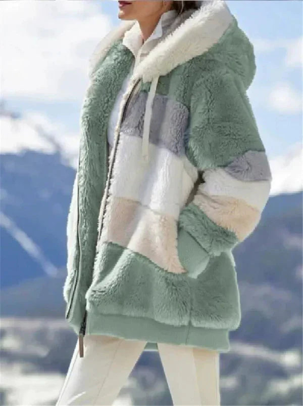 Women's oversized hooded jacket with plush faux fur lining, zip front, city chic winter style