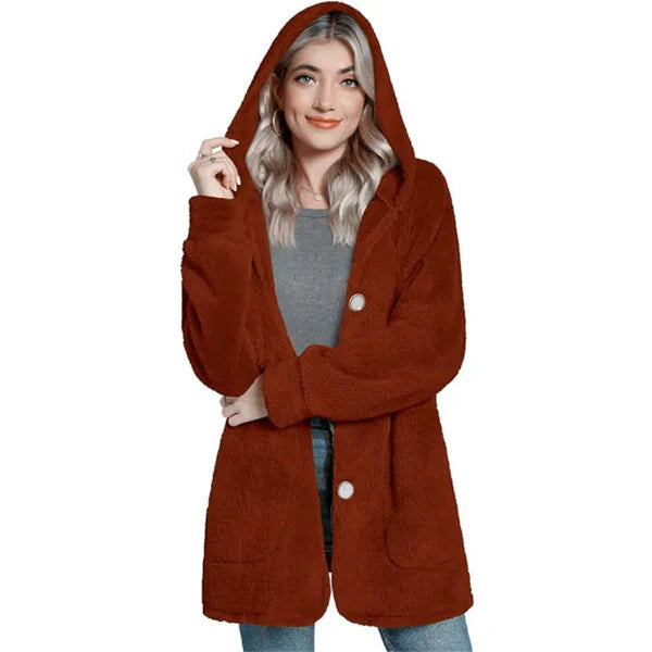 Women's oversized hooded cardigan plush furry knit with button-front closure and pockets cozy layering