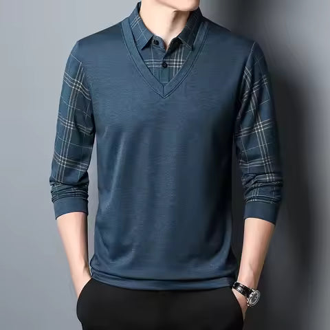 Men's slim fit knit pullover sweatshirt V-neck with faux layered plaid sleeves casual knitwear