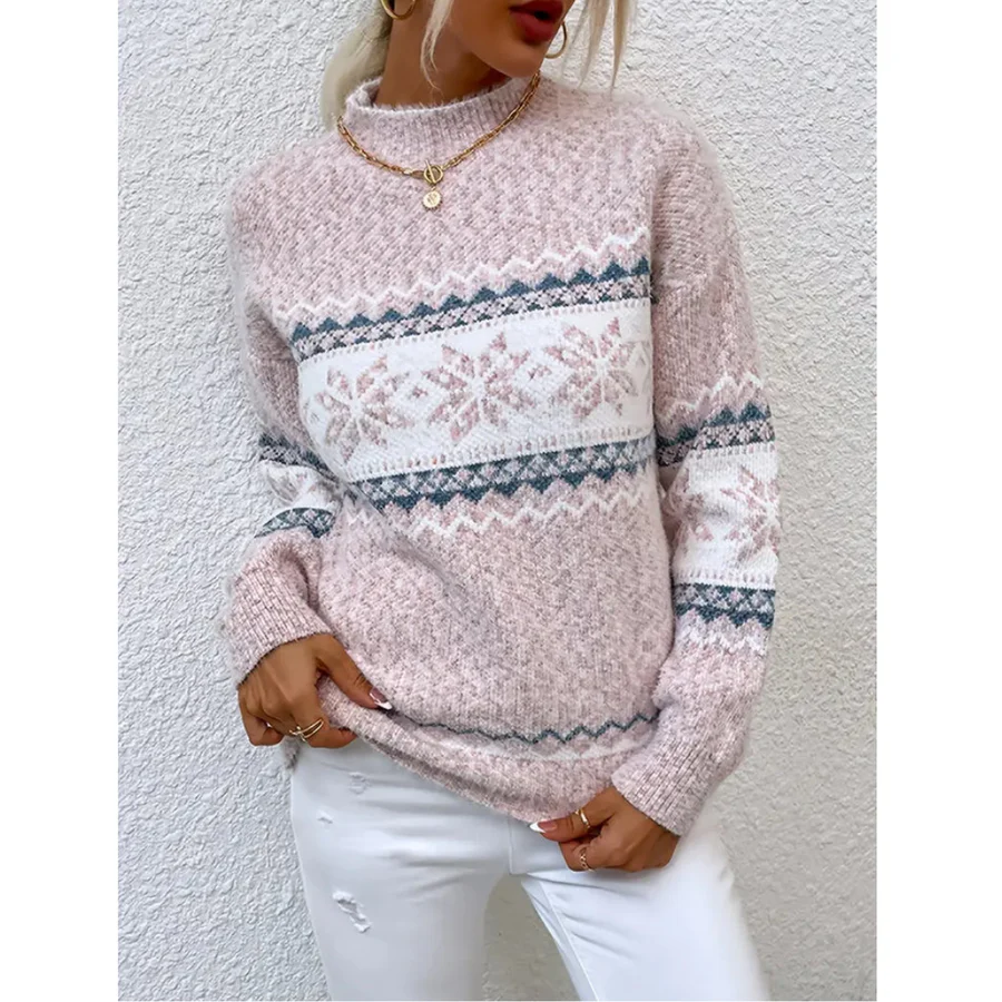 Women's wool blend knit sweater relaxed cozy fit round neck with subtle patterned details