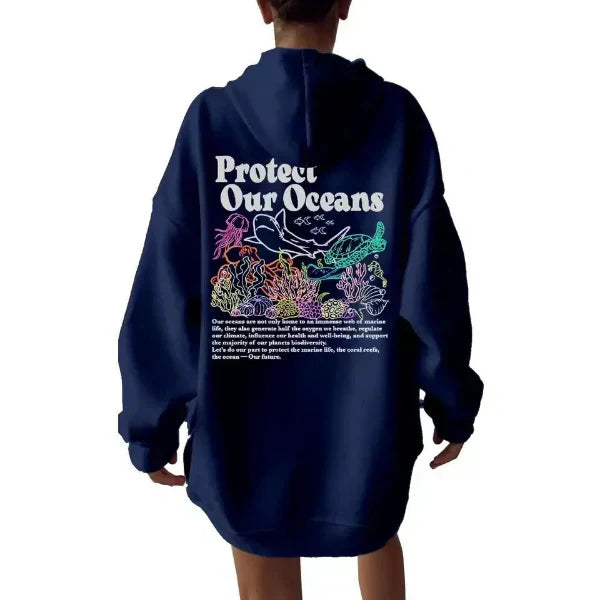 Women's oversized hoodie cotton-feel sweatshirt with marine graphic back print, casual coastal street style