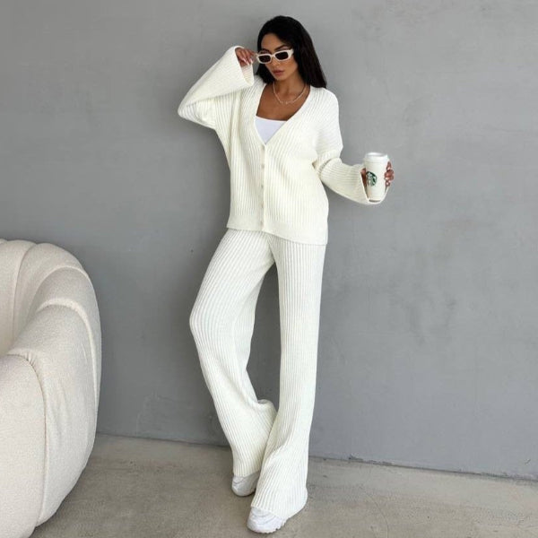 Women's oversized wool blend ribbed knit cardigan set high collar button-front lounge sweater