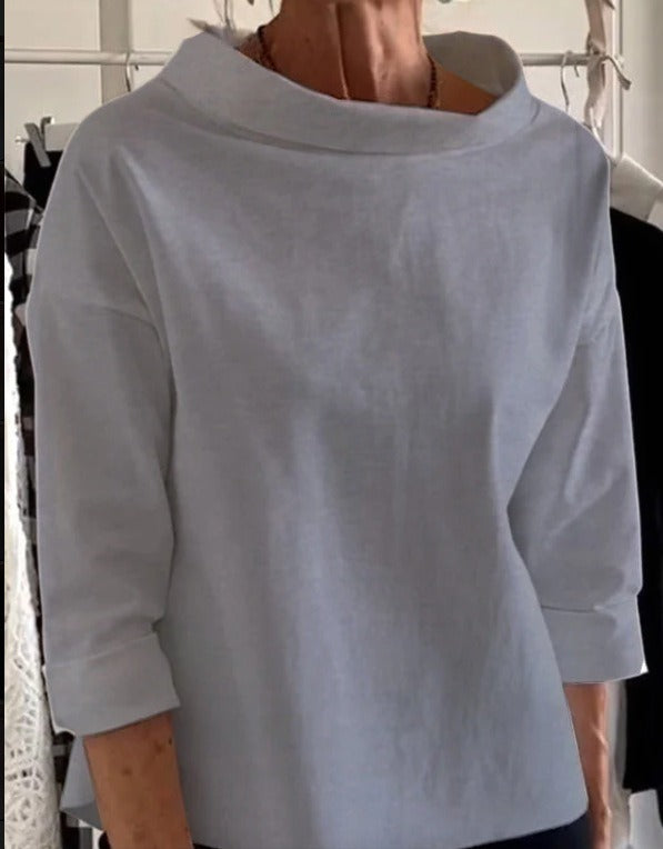 Women's loose fit wide collar top with three-quarter sleeves, casual everyday relaxed silhouette