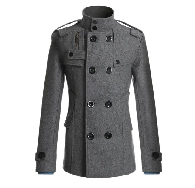 Men's slim fit mid-length double-breasted wool coat military style tailored silhouette modern fashion