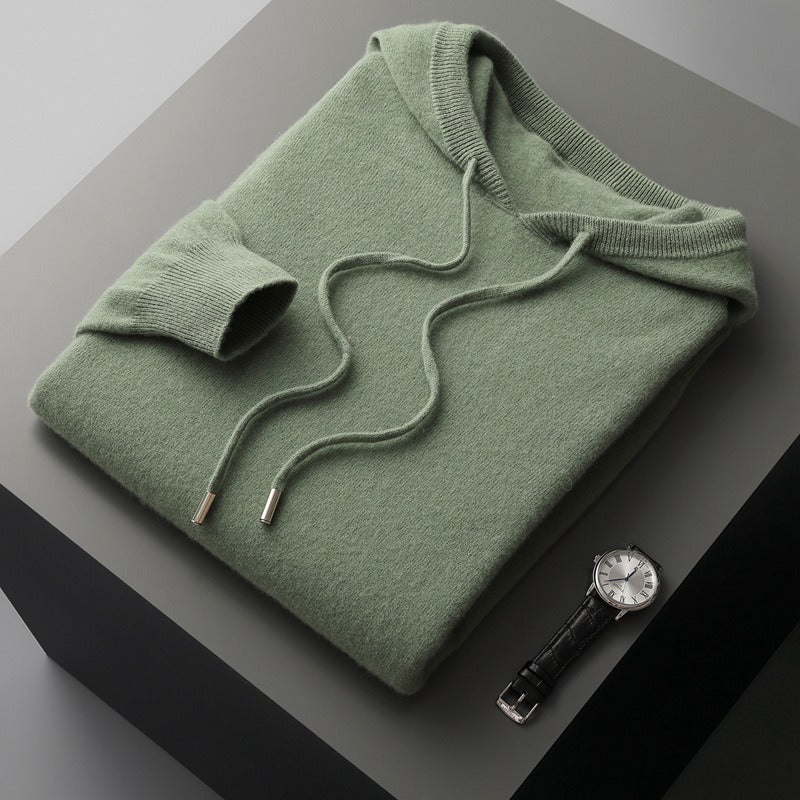 Men's wool blend knit hoodie relaxed fit with hood drawstrings, soft-touch cozy Nordisk style