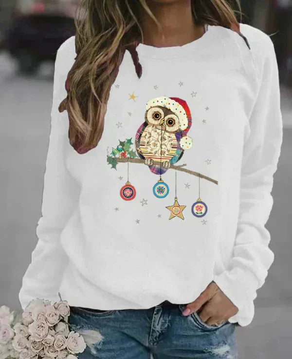 Women's relaxed fit cotton blend crew neck sweatshirt with festive owl print for cozy autumn style
