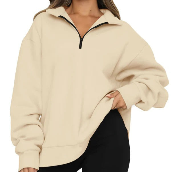 Women's oversized sweatshirt high collar short zip casual pullover relaxed fit cozy streetwear style