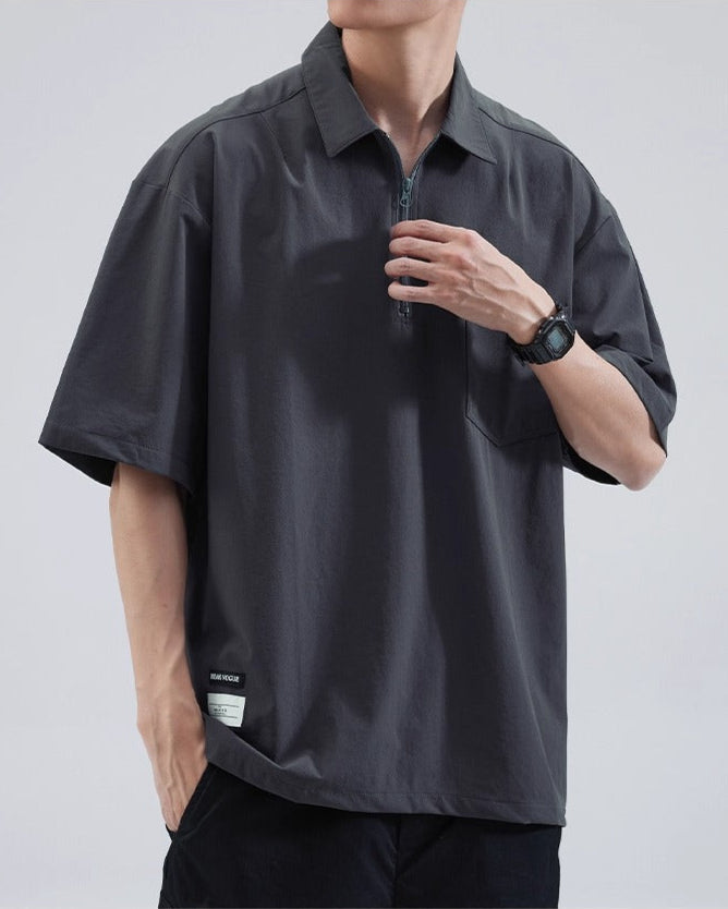 Oversized ice silk polo shirt boxy fit quarter-zip cooling lightweight warm weather casual style