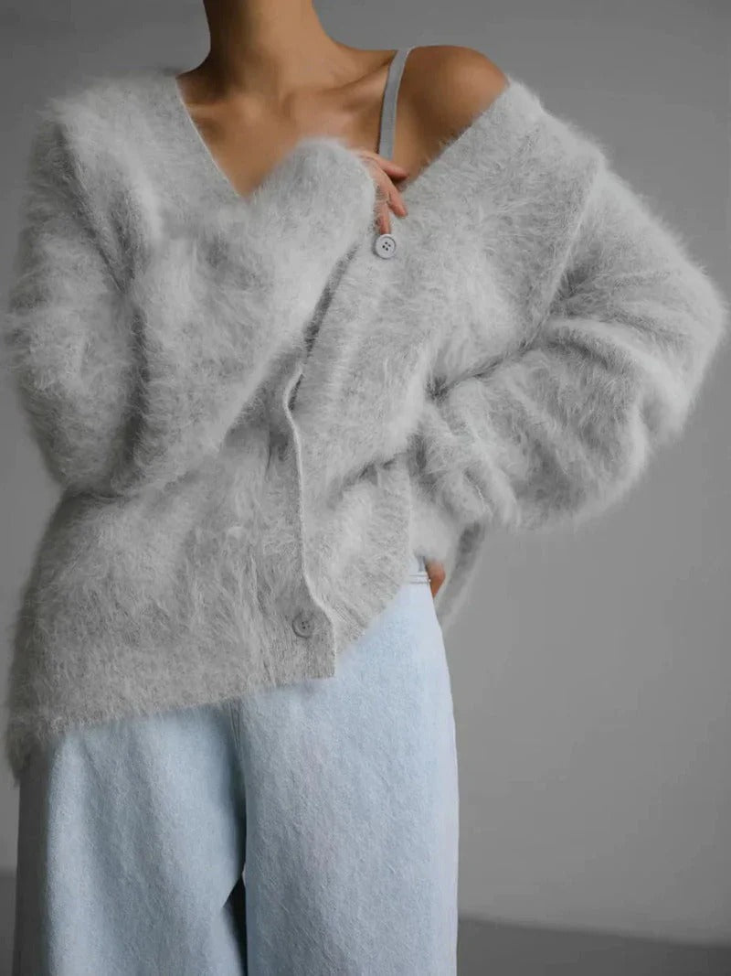 Women's fuzzy knit oversized cardigan V-neck button-front cozy layering essential relaxed silhouette