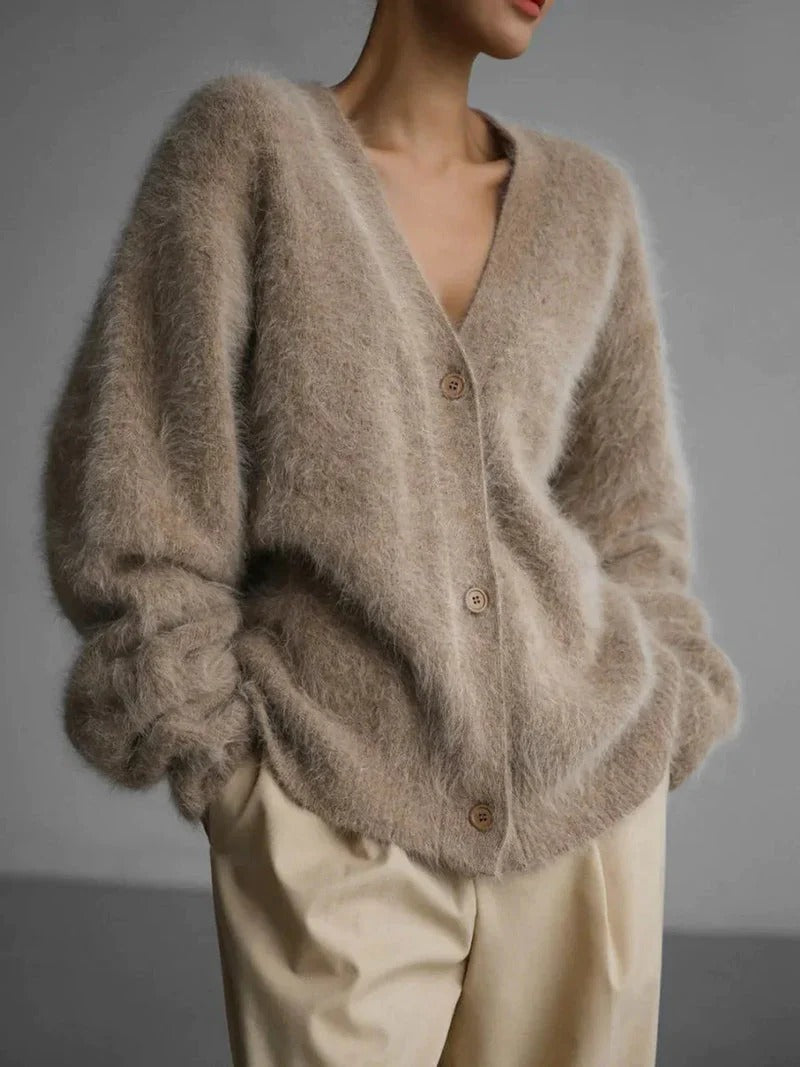 Women's fuzzy knit oversized cardigan, V-neck button-front cozy layering essential in neutral tone