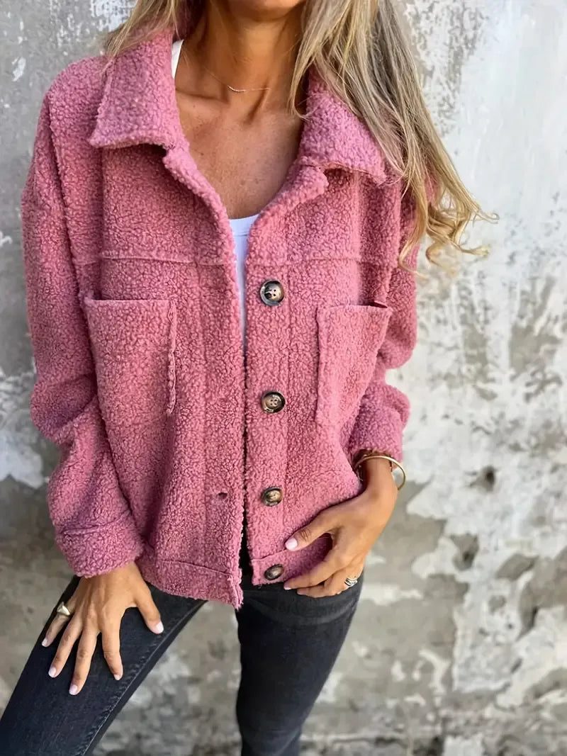Women's oversized teddy texture jacket in cozy relaxed fit with button closure, casual warm style