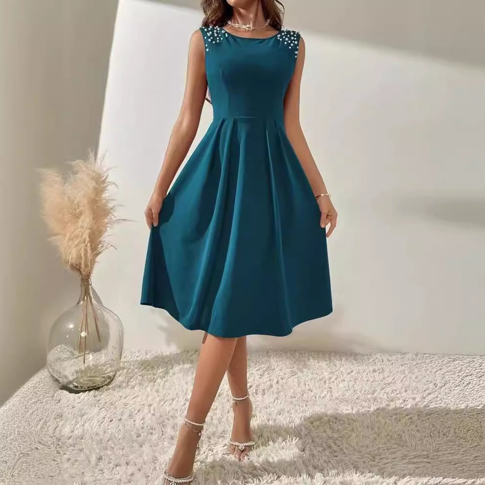 Women's beaded sleeveless midi dress with fitted waist, A-line silhouette, and sparkling bodice detail