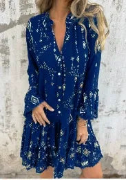 Boho women's flared dress with lace bell sleeves, tiered hem, and A-line silhouette in cotton blend