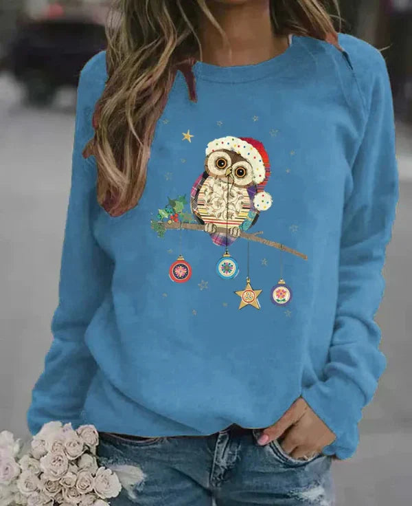 Women's relaxed fit crew neck sweatshirt cotton blend cozy festive owl print autumn style