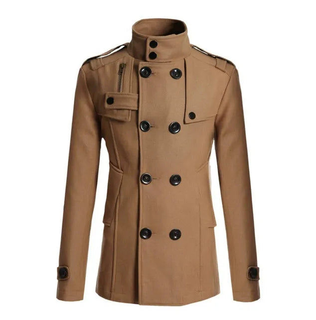 Men's slim fit mid-length double-breasted wool coat military style in premium fabric