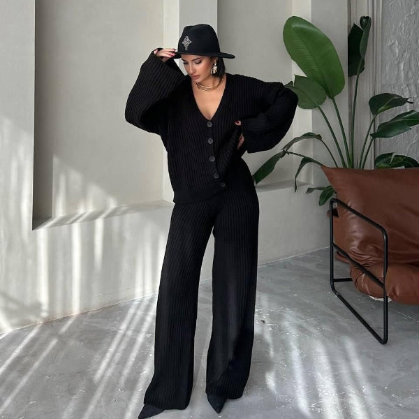 Women's oversized wool blend ribbed knit cardigan set in neutral high collar button-front silhouette