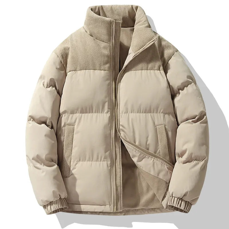 Men's oversized quilted puffer jacket with corduroy collar and full-length zipper in urban style