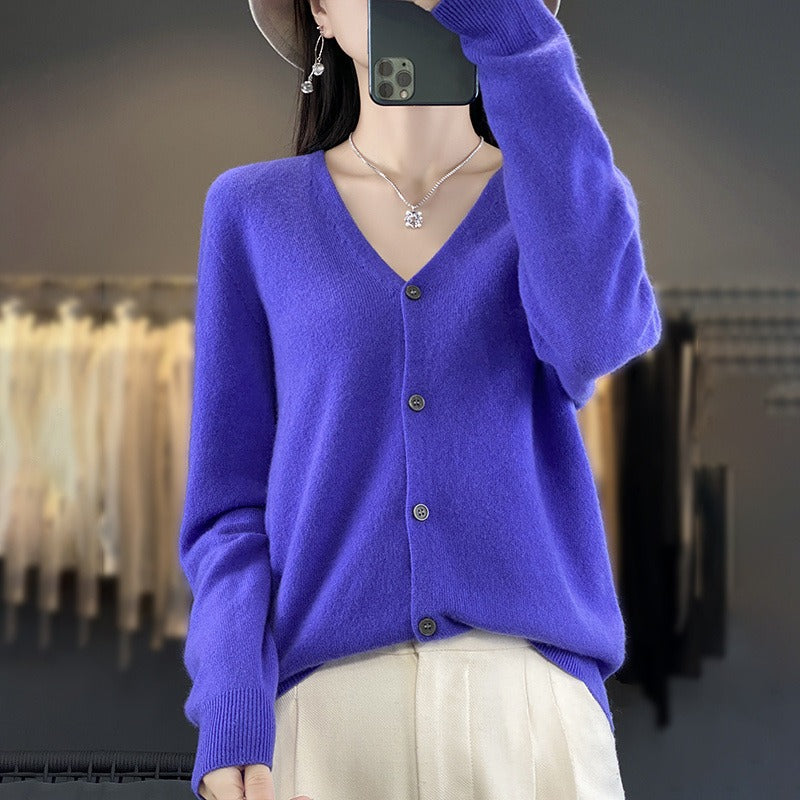 Women's wool knit cardigan relaxed fit V-neck button front layering essential in neutral tone