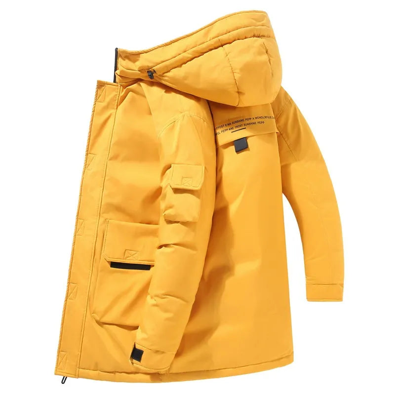 Men's mid-length padded hooded jacket with patch pockets and adjustable cuffs for winter casual wear