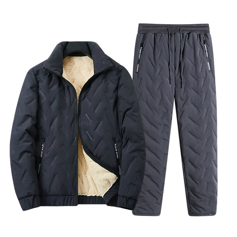 Men's quilted jacket and trousers set, relaxed fit, lambskin interior, casual streetwear style