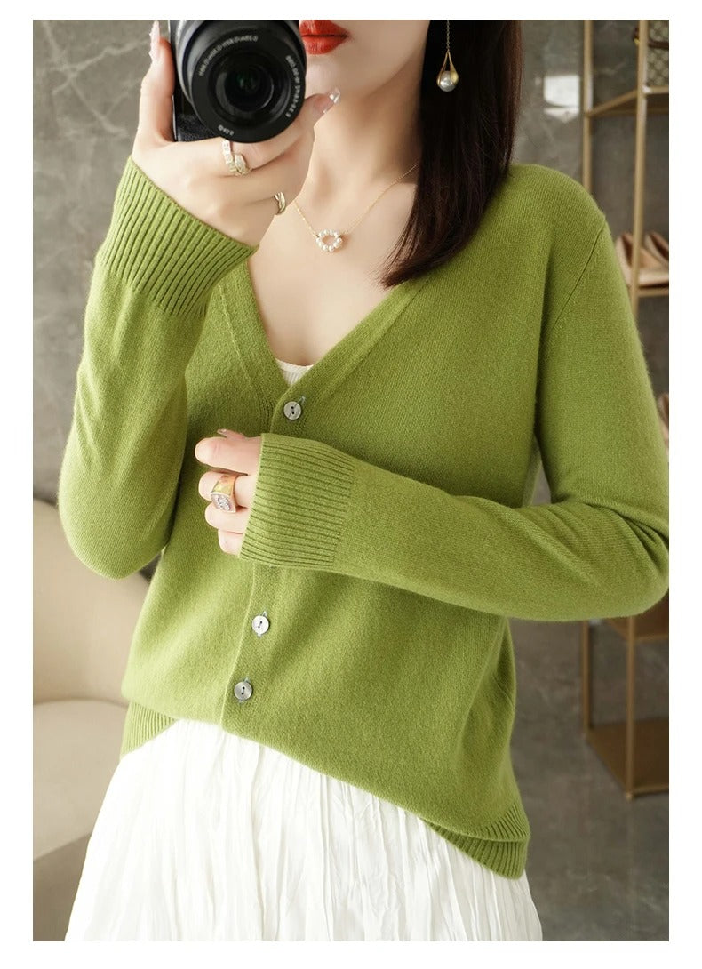 Women's wool blend relaxed fit V-neck cardigan with button front and ribbed trim