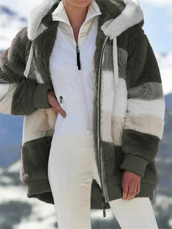 Women's oversized hooded jacket plush faux fur lining zip front city chic warm winter coat