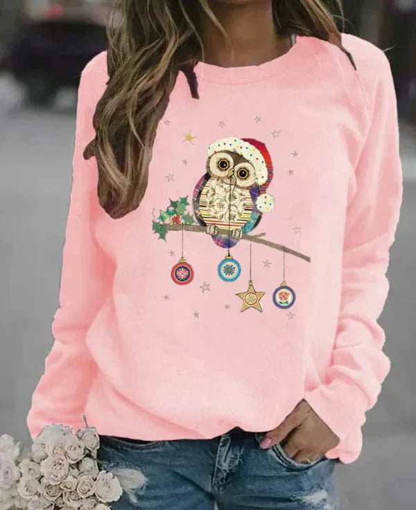 Women's Christmas sweatshirt relaxed fit soft cotton blend with charming owl motif festive cozy style