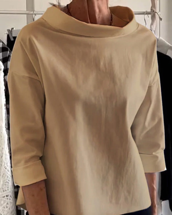 Women's loose fit casual top with wide collar and three-quarter sleeves for everyday comfort