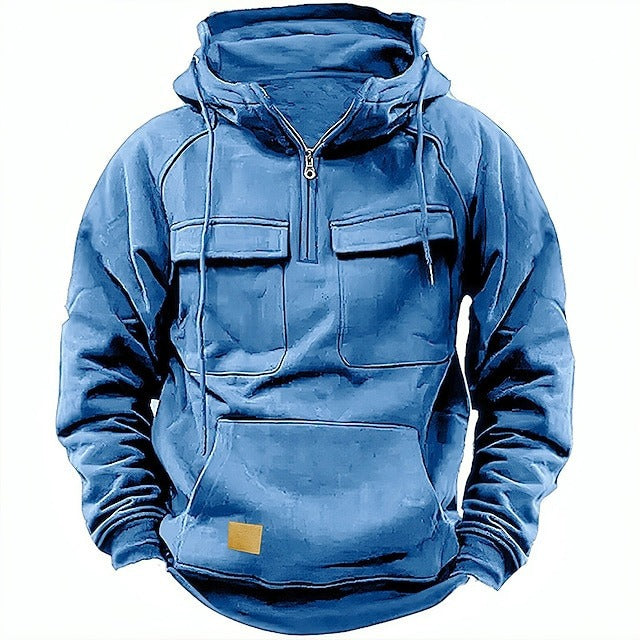 Men's relaxed fit half-zip hoodie with chest pockets in soft cotton fleece urban streetwear style
